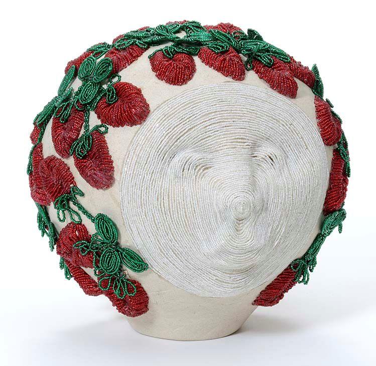 E2014.24 "Strawberry Moon" by Tammy Tarbell-Boehning (Mohawk) Raised glass beadwork on clay